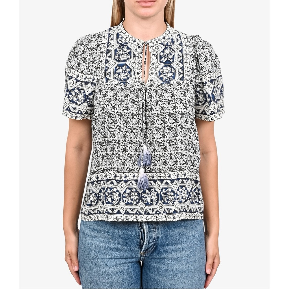Sea NY Mosaic Patchwork Tile Geo Floral Print Ombré Tassel Silk Boho Blouse Top